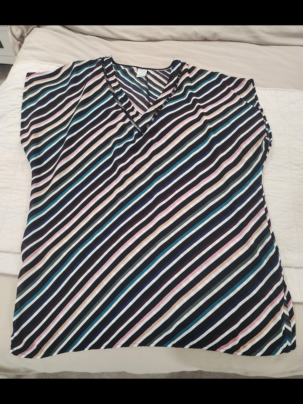 Swim Cover Up- Kona Sol Black V-Neck with Pastel Diagonal Stripes